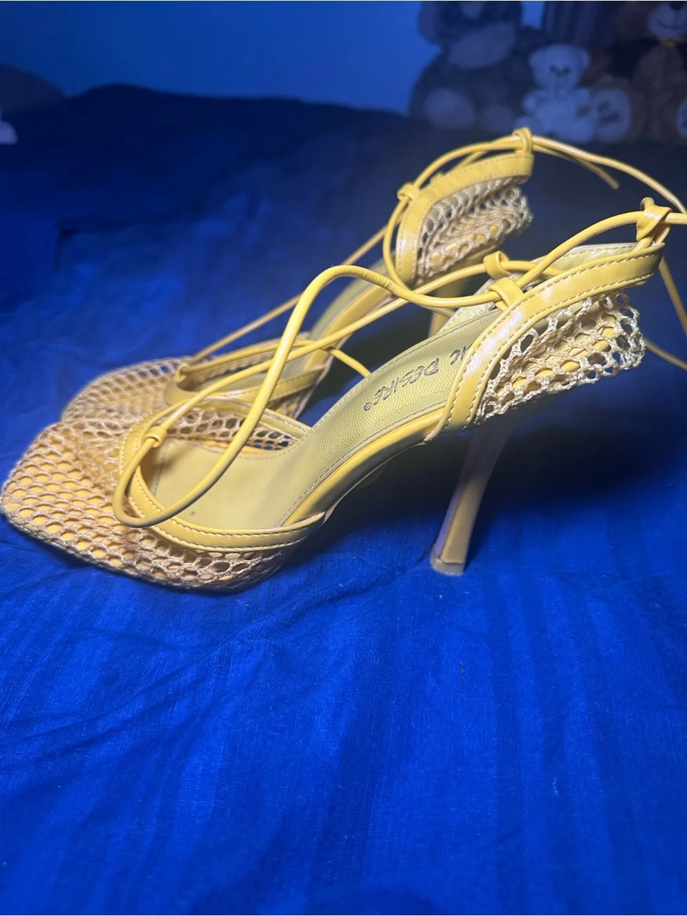 Public Desire Yellow Lace-Up Mesh Heeled Sandals